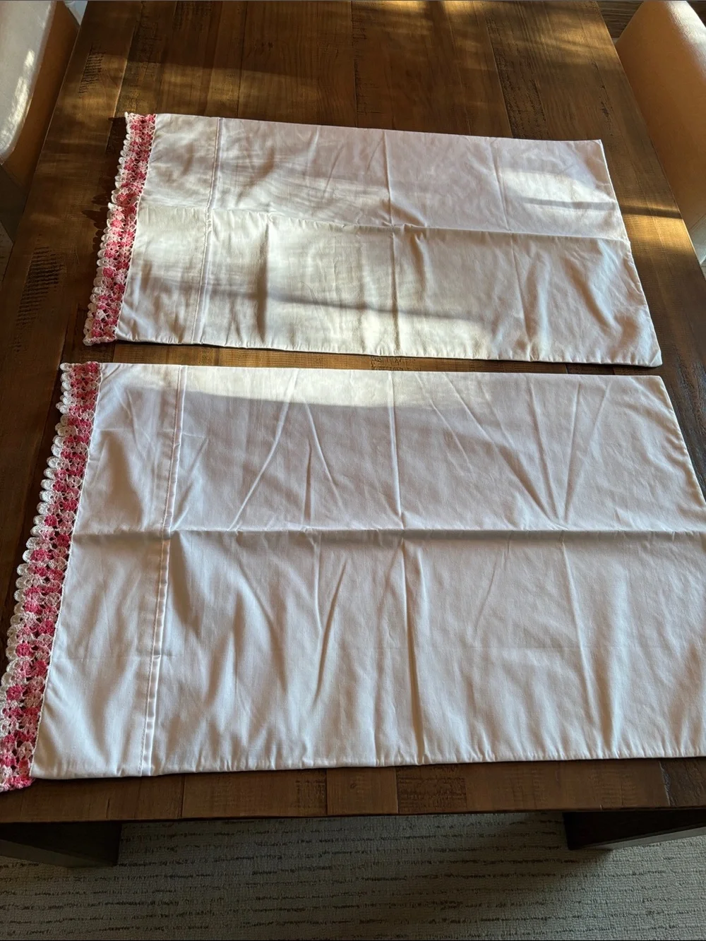 King size White pillow cases with Pink Crochet Trim new!